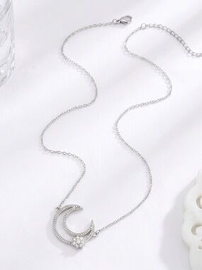 Silver Crescent Moon Pendant Necklace with Star Accent